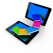tablet pc and colorful real books and on white background