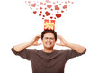 An angry man holding present box on white background.