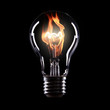 light bulb with fire on black background