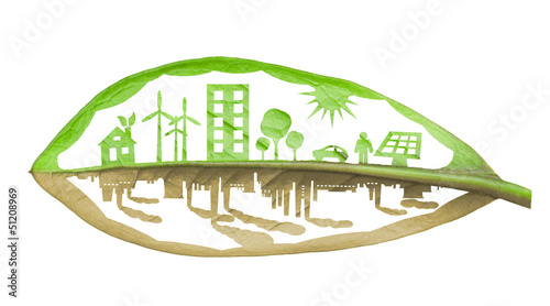 Green ecology city against pollution concept, isolated over whit