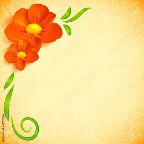 Illustration: Orange realistic flowers ornate greeting card Orange realistic flowers ornate greeting card