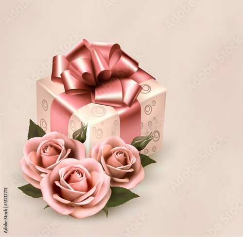 Vector: Holiday retro background with pink roses and gift box. Vector il Holiday retro background with pink roses and gift box. Vector il