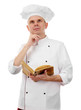 Photo: Chef thinking with book recipe isolated on white Chef thinking with book recipe isolated on white
