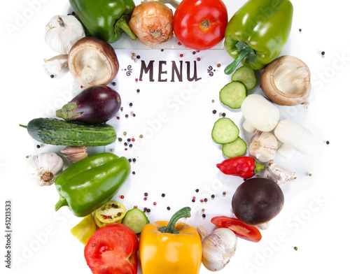 Photo: Menu surrounded by products and vegetables isolated on white Menu surrounded by products and vegetables isolated on white