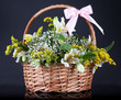 Bouquet of flowers in basket isolated on black
