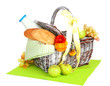 Picnic basket with fruits and bottle of milk, isolated on white