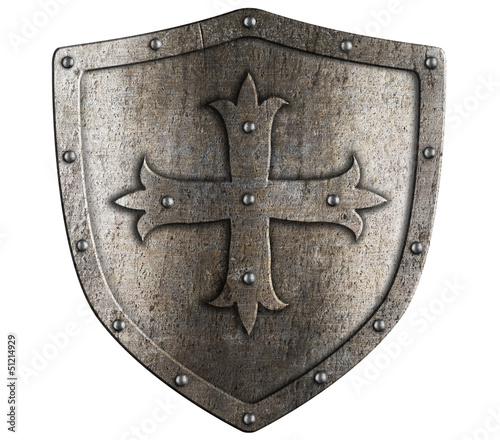 Photo: Old crusader metal shield illustration isolated on white Old crusader metal shield illustration isolated on white