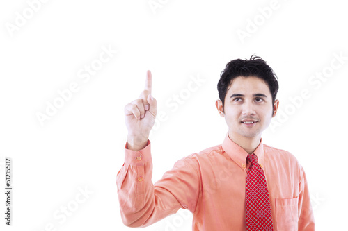Photo: Businessman raise hand - isolated Businessman raise hand - isolated