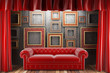red fabric curtain with frames and sofa