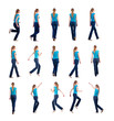 set "back view of walking and running  woman  in  jeans".