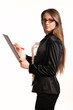 Beautiful young business woman with clipboard isolated in white