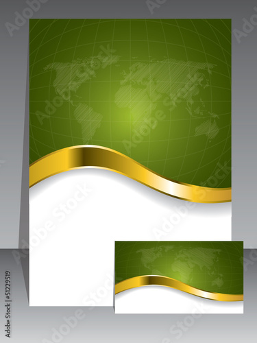 Vector: Business card and brochure in green with gold wave Business card and brochure in green with gold wave