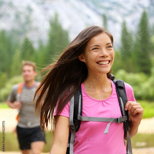 Photo: Hiker woman hiking happy Hiker woman hiking happy