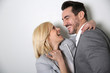 Trendy loving couple on white background