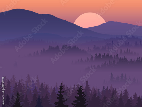 Fototapeta Illustration of purple valley with coniferous wood.