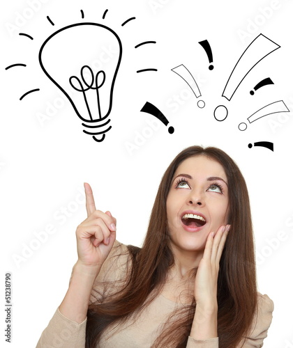 Photo: Thinking woman make decision and showing up on idea bulb sign is Thinking woman make decision and showing up on idea bulb sign is