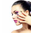 Beauty Makeup. Purple Make-up and Colorful Bright Nails