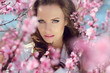 Stare. Outdoors portrait of  Beautiful woman in pink blossoms on