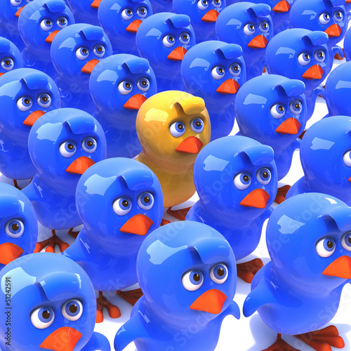Illustration: Little yellow chick stands out in crowd of bluebirds Little yellow chick stands out in crowd of bluebirds