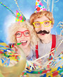 Funny nerdy couple celebrating