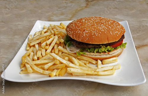 Photo: plate with fries and hamburger plate with fries and hamburger