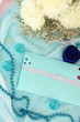 Photo: wedding invitations on decorated table close-up wedding invitations on decorated table close-up