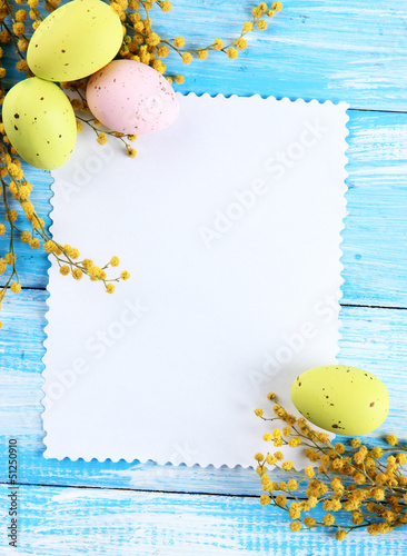 Photo: Empty card with easter eggs and mimosa flowers, Empty card with easter eggs and mimosa flowers,