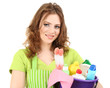 Female cleaner holding bucket with cleaning supplies isolated