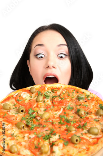Photo: Beautiful girl with great pizza isolated on white Beautiful girl with great pizza isolated on white
