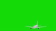 On a green screen airliner gaining speed and height and rises