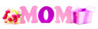 Mothers Day gift box and flowers with foam letters spelling MOM