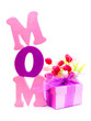 Mothers Day gift box and flowers with foam letters spelling MOM