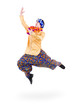 man jumping with pointing gesture