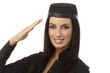 Closeup portrait of happy saluting air hostess