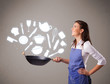 Young woman with kitchen accessories icons
