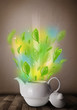 Tea pot with leaves and colorful abstract lights