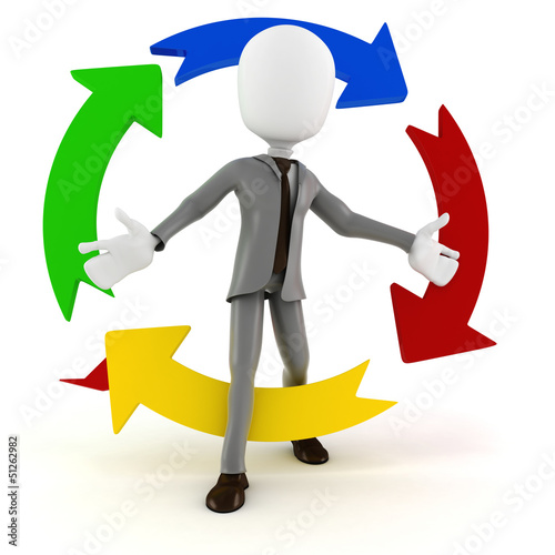 Illustration: 3d man businessman and colorful arrows, on white 3d man businessman and colorful arrows, on white