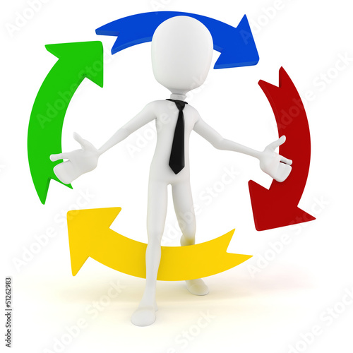 Illustration: 3d man businessman and colorful arrows, on white 3d man businessman and colorful arrows, on white