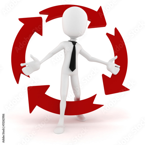 Illustration: 3d man businessman and colorful arrows, on white 3d man businessman and colorful arrows, on white