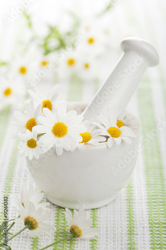 Photo: chamomile flowers in mortar chamomile flowers in mortar
