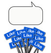 Símbolos de aprobación de redes sociales y espacio para texto.