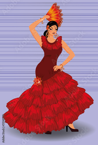 Vector: Spanish flamenco dancer girl with fan, vector Spanish flamenco dancer girl with fan, vector