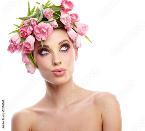Photo: beauty woman portrait with wreath from flowers on head over whit beauty woman portrait with wreath from flowers on head over whit