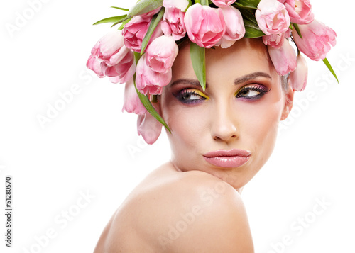 Photo: beauty woman portrait with wreath from flowers on head over whit beauty woman portrait with wreath from flowers on head over whit