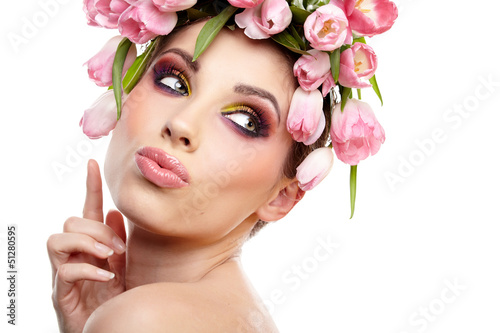 Photo: beauty woman portrait with wreath from flowers on head over whit beauty woman portrait with wreath from flowers on head over whit