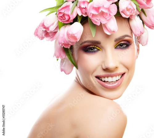 Photo: beauty woman portrait with wreath from flowers on head over whit beauty woman portrait with wreath from flowers on head over whit