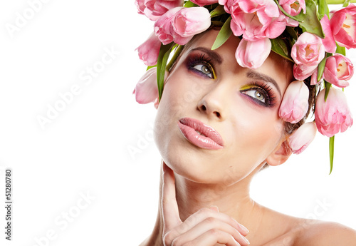 Photo: beauty woman portrait with wreath from flowers on head over whit beauty woman portrait with wreath from flowers on head over whit