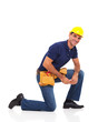 handyman kneeling over white background