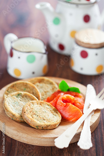 Photo: Oatmeal pancakes with herbs, selective focus Oatmeal pancakes with herbs, selective focus
