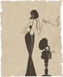retro girl with old gramophone background